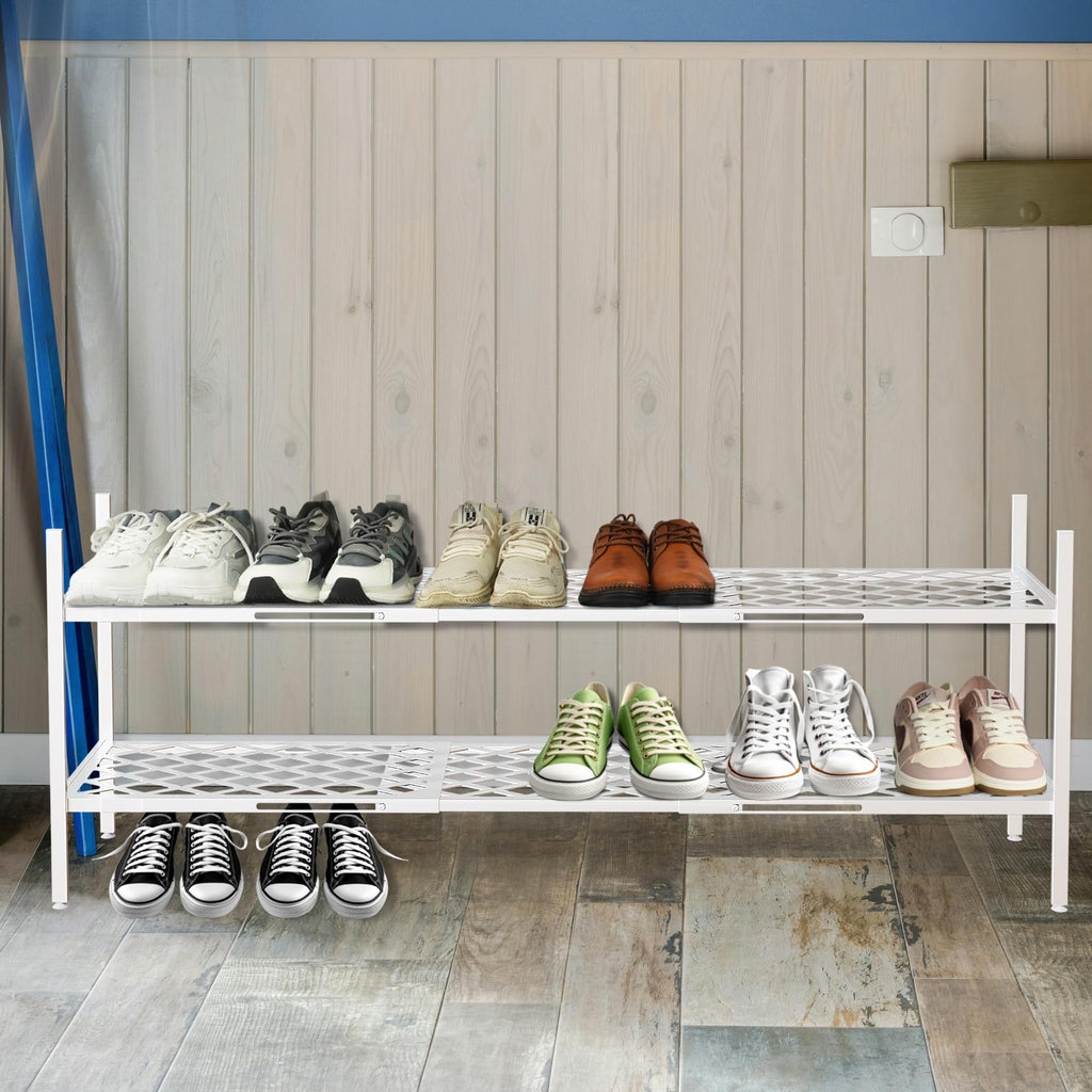 Long Expandable Metal Shoe Rack for Closet, Entryway, Garage, 2-Tier, White