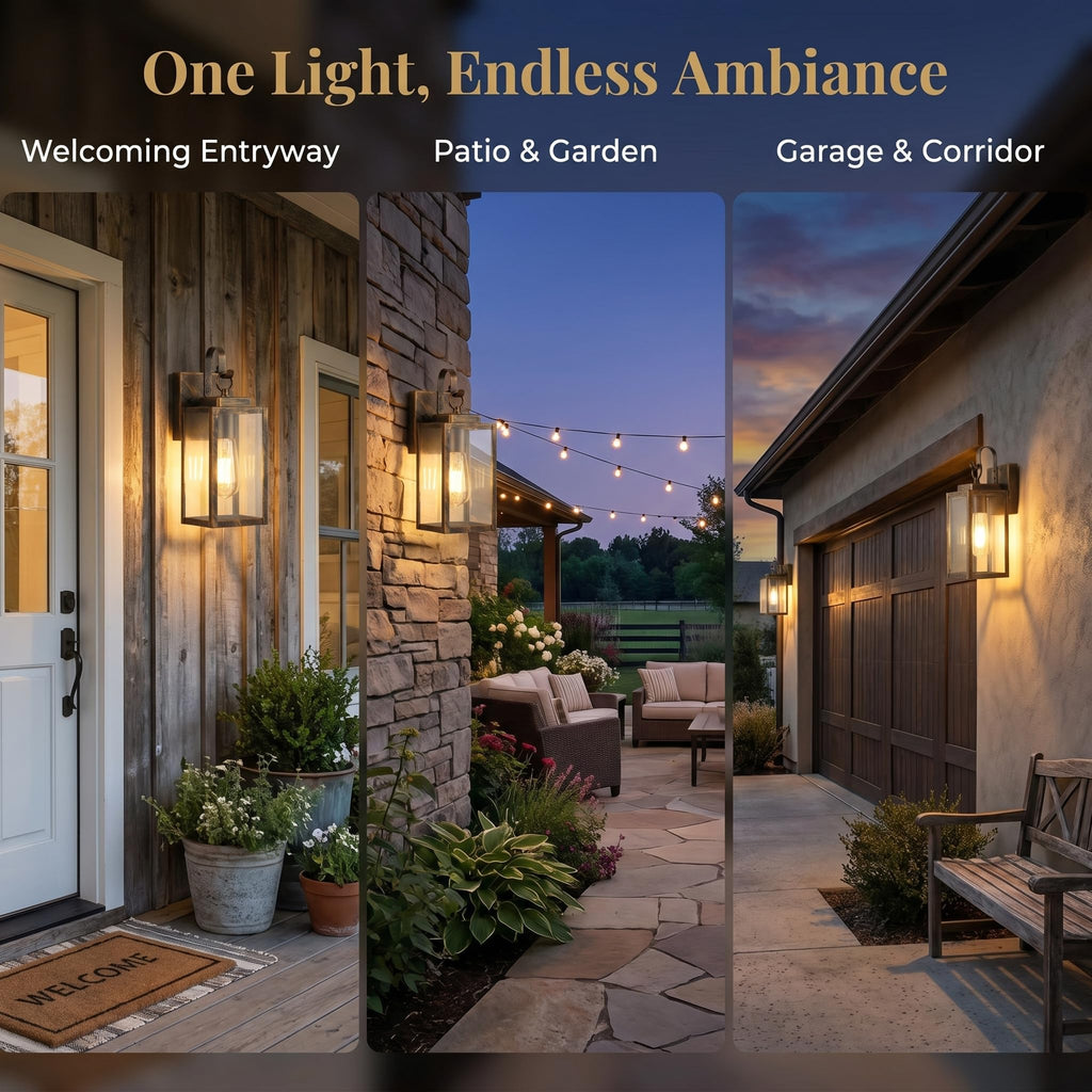 Black Brush Gold Porch Light, Dusk to Dawn Wall Mount Outdoor Light