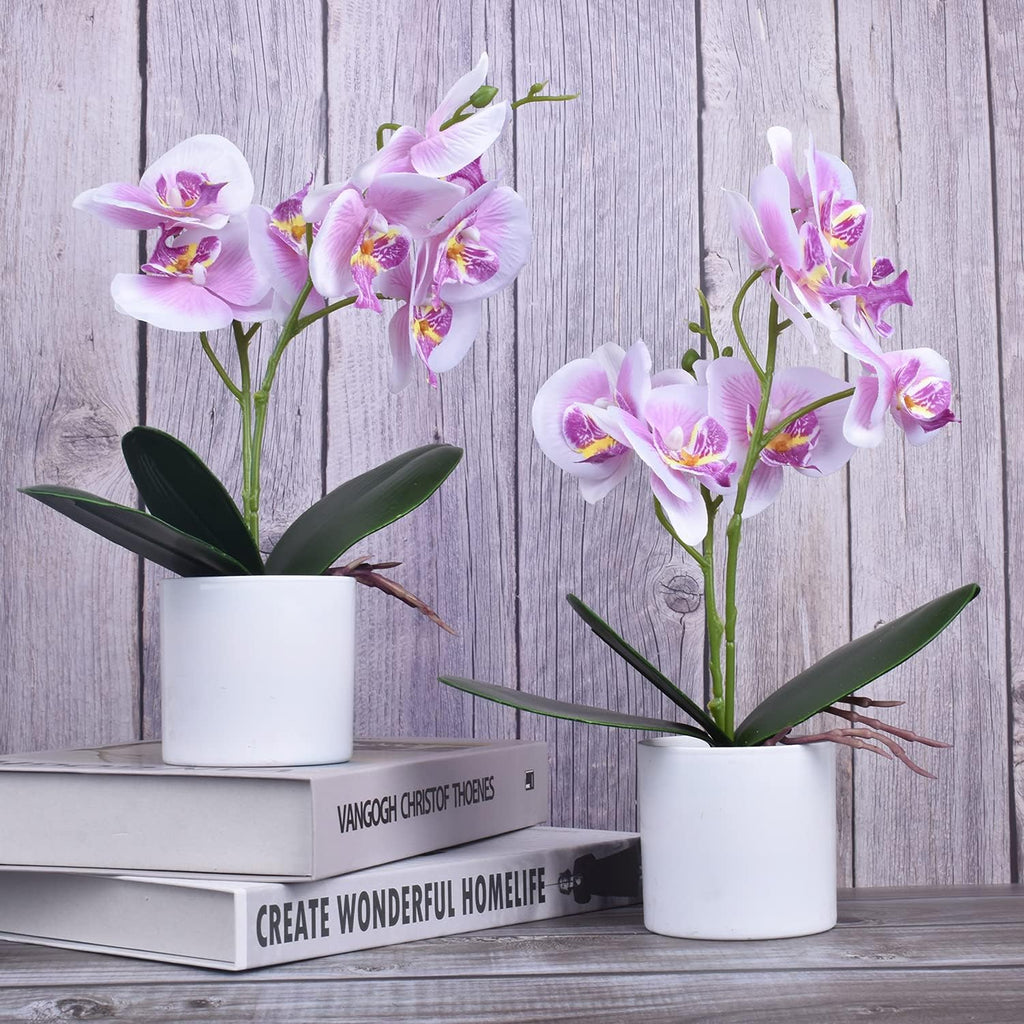 Artificial Orchid Flowers, Potted Orchid Flowers with Plastic Vase for Table Centerpiece Home Decor Office - Set of 2