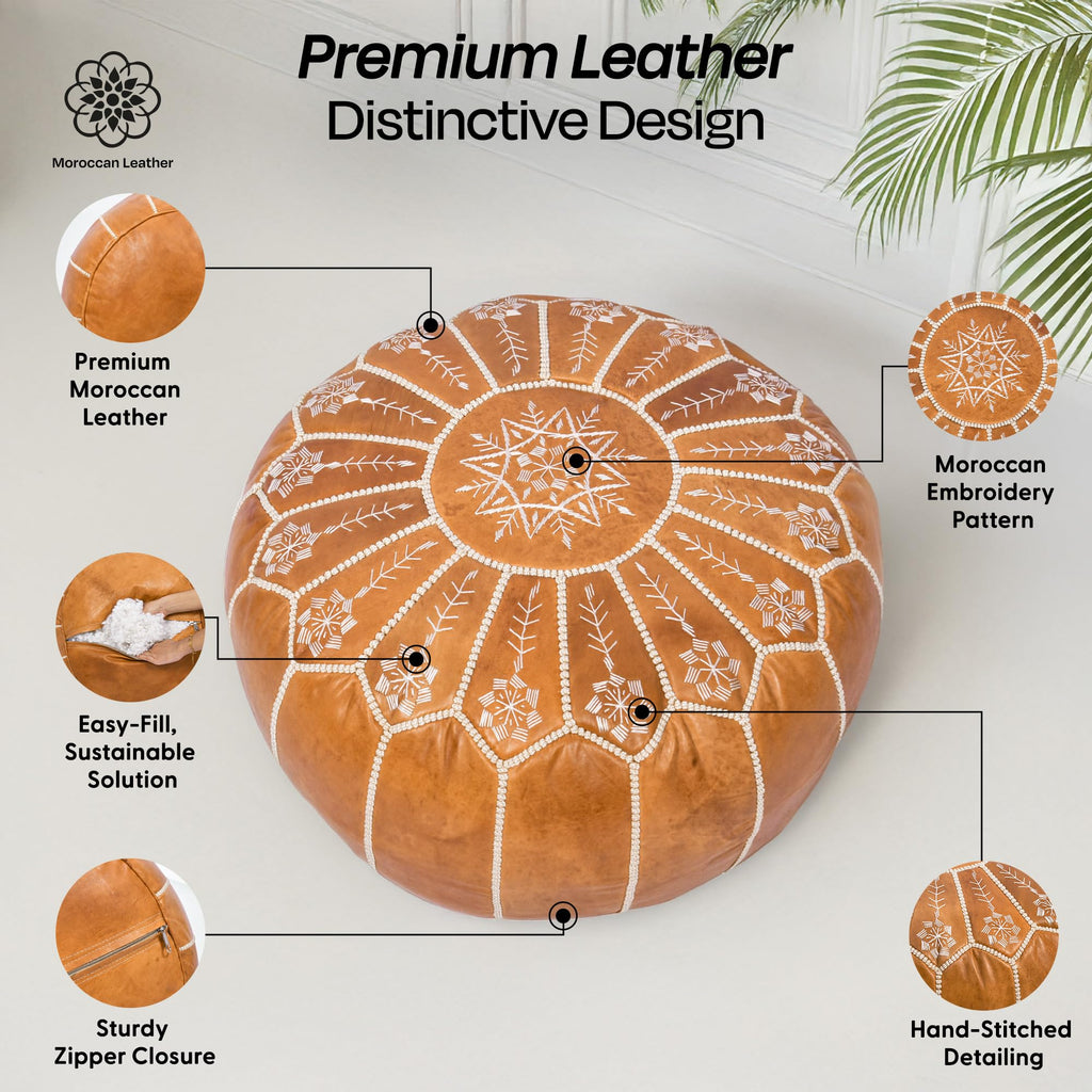 Handmade Pouf Ottoman Cover, Unstuffed Foot Stool, Round Boho Footrest Decor Gift (Tan Ornate)