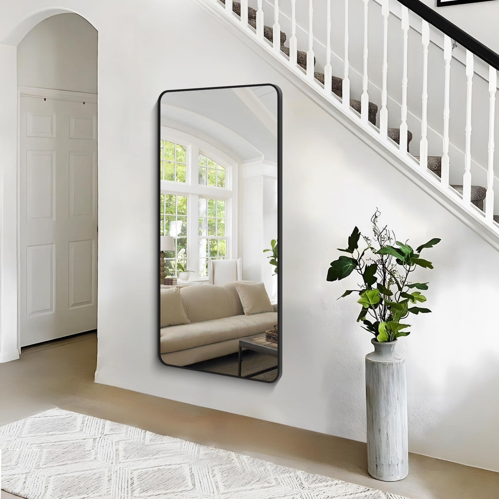 30x60 inch Bathroom Mirror,Black Rectangle Mirror,Wall Mounted Bathroom Frame Vanity Mirror with Round Corner Living