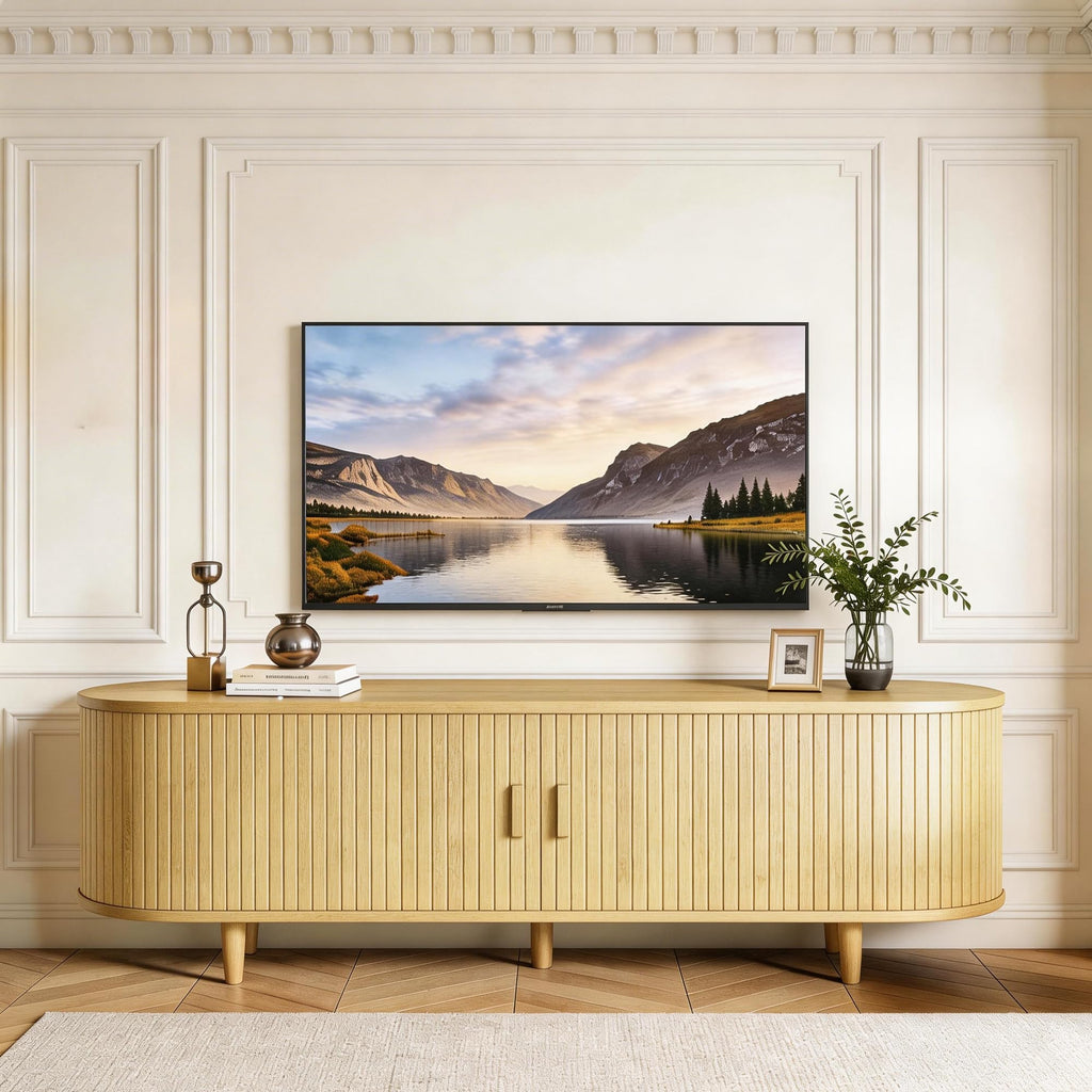 65" TV Stand with Sliding Doors, Mid Century Modern Entertainment Center, TV Console with Fluted Door Cabinets and