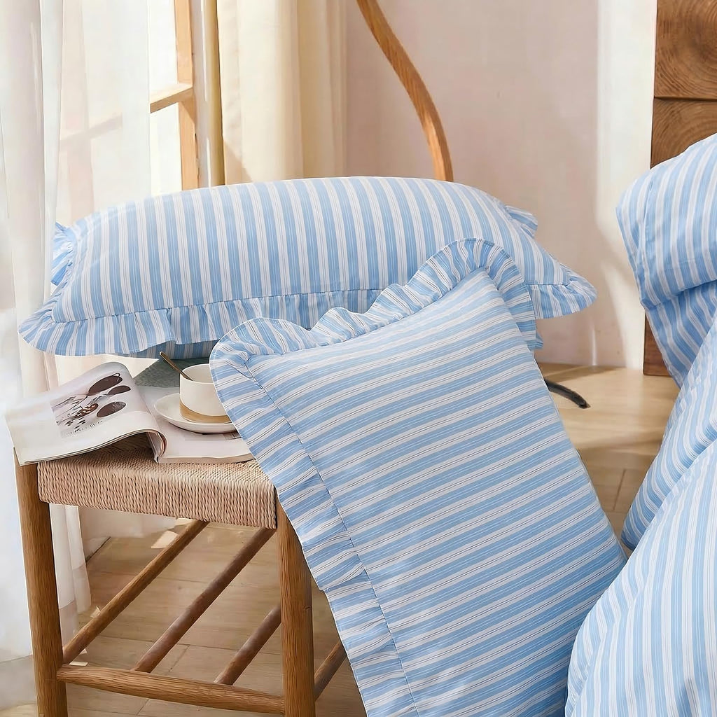 Blue and White Striped Comforter Set, 100% Cotton, Ruffle Trim Comforter Set, Soft Lightweight Breathable