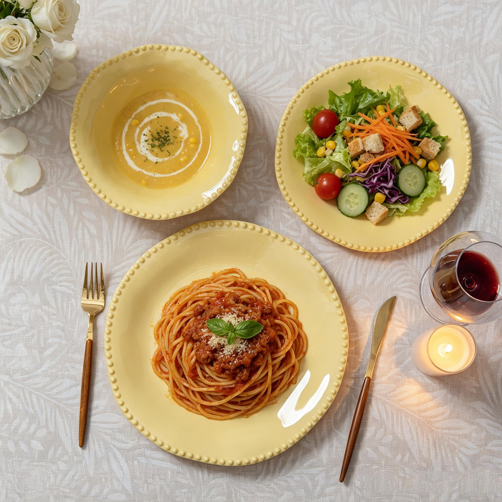 Pearl Dots Melamine Dinnerware Set for 4, Beaded Plates and Bowl Set,Yellow