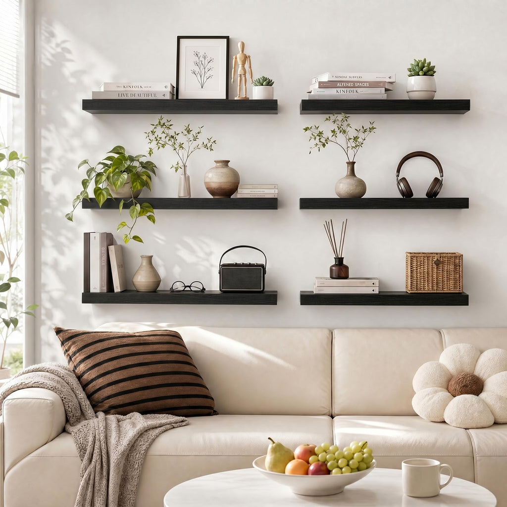 Floating Shelves for Wall 48 Inches Long, 9.3" Deep Black Floating Shelf Set of 2, Wall Mounted Wood Shelves Bedroom