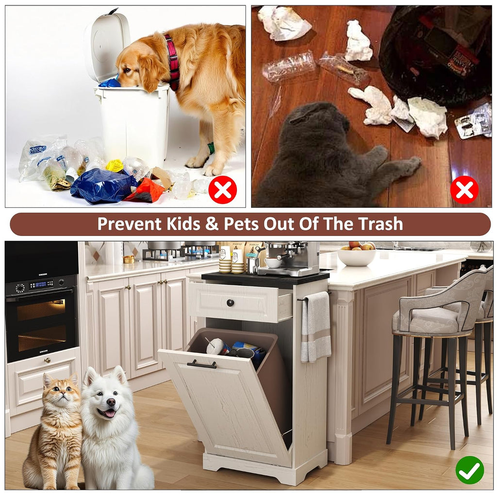 Trash Can Cabinet, 13 Gallon Tilt Out Trash Cabinet, Wooden Kitchen Garbage Can with Hideaway Drawer, Pet Proof Trash