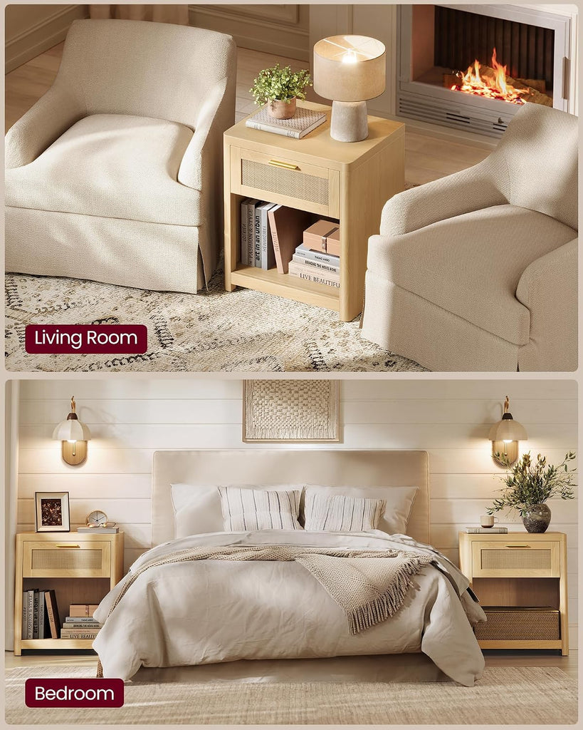 Boho Nightstands with Rattan-Look Drawer, Set of 2 Accent Side End Tables with Open Compartment, Rounded