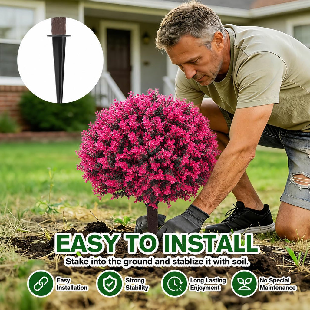 Artificial Cedar Eucalyptus Ball Trees 25" Set of 2, UV Resistant Faux Boxwood Plants with Ground Spikes for Outdoor