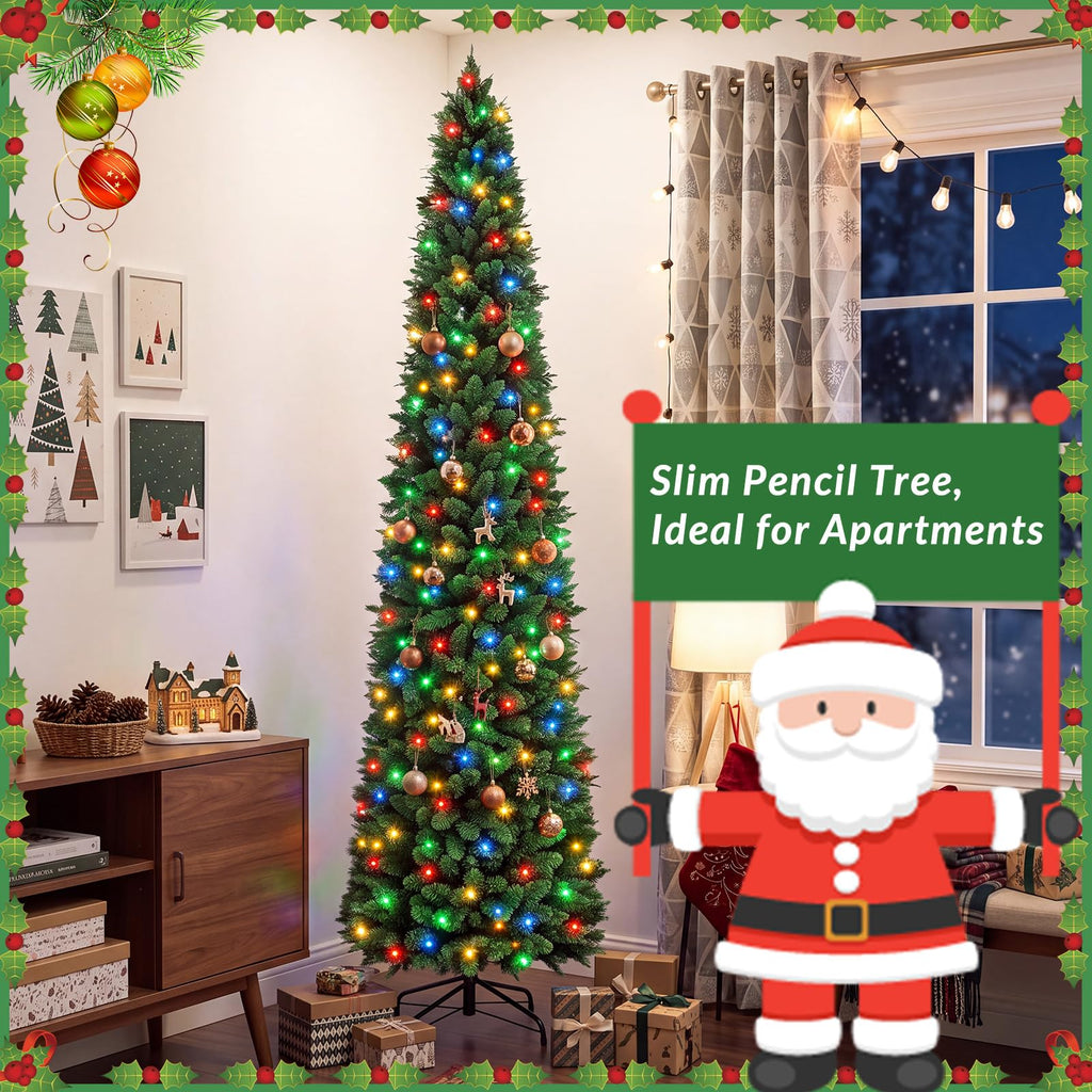 9 ft Pre-Lit Pencil Christmas Tree, Multicolor LEDs, Green