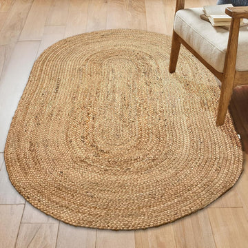 Hand Woven Natural Jute Braided Area Rug - 3x5 Feet Oval | Vintage Boho Reversible Rug , Dining Area, Entryway |