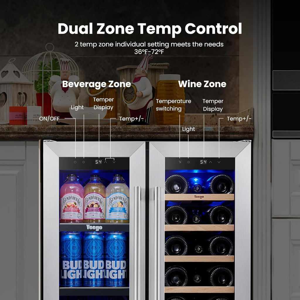 Wine and Beverage Refrigerator - 24 Inch Dual Zone Wine Fridge 60 Can & 20 Bottl