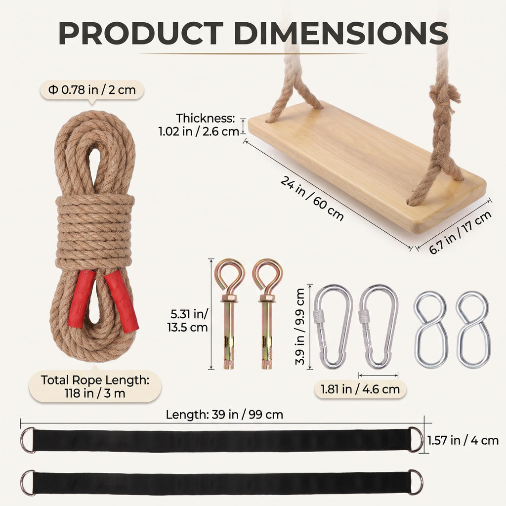 Solid Wood Tree Swing - 500 lbs Capacity Heavy Duty Adult-Sized Swing Seat with 118" Adjustable Hemp Rope & Complete