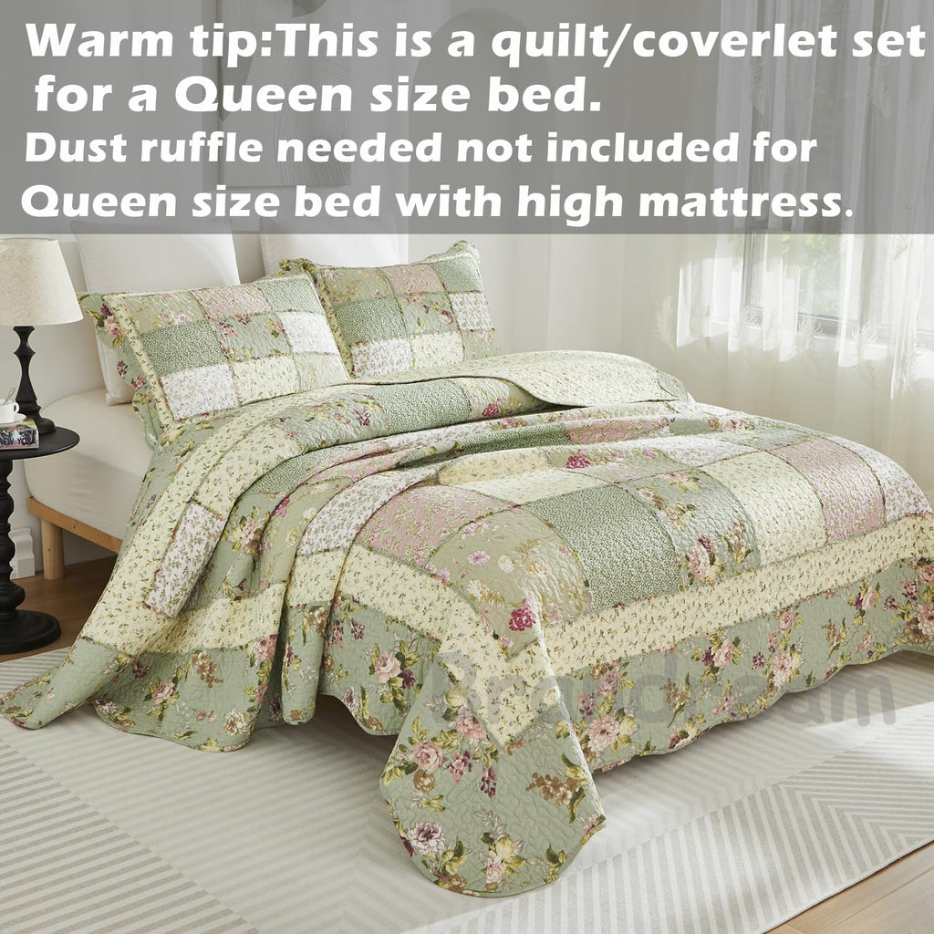 Quilt Set Cotton Patchwork Quilts Green Rose Floral Quilted Comforter Set Country Rustic Coverlet Set