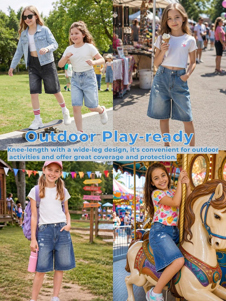 Girls Shorts Elastic Waist Jorts Denim Jean Shorts Ripped Knee Length Bermuda Shorts for Kids Teen Girls Summer