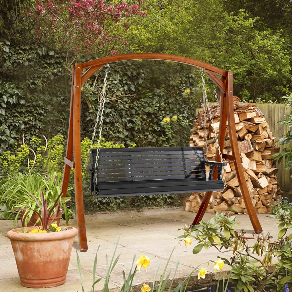 5FT Black Porch Swing, Wooden Bench with Adjustable Safe Chains