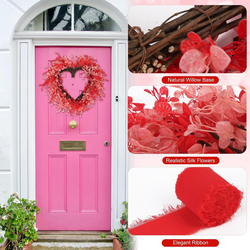 Valentine's Day Heart Wreath 22 Inch Red and Pink Artificial Floral Wreath with Ribbon Door Wall Window Hanging Decor - Set of 2