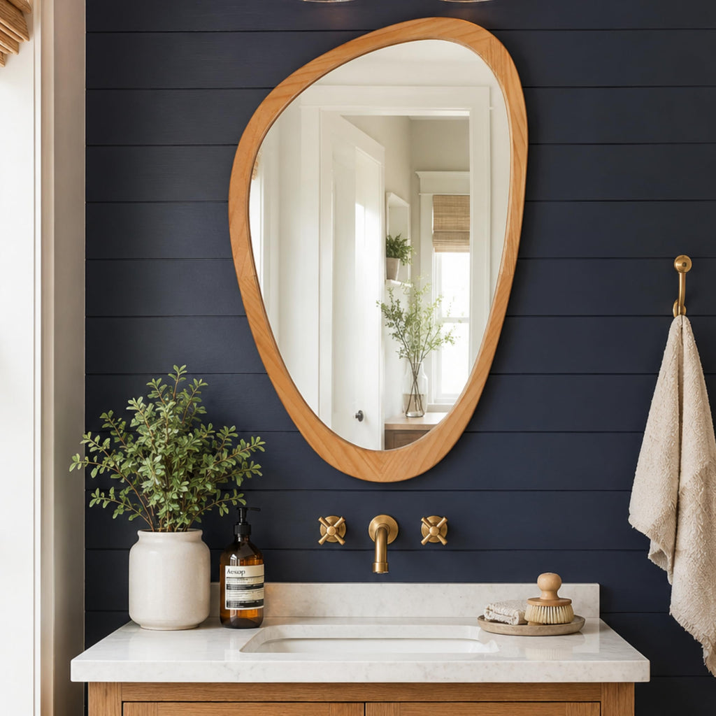 Irregular Wall Mirror, 30"x19" Solid Wood Frame Asymmetrical Mirrors for Mid Century Modern Decor, Tempered Glass