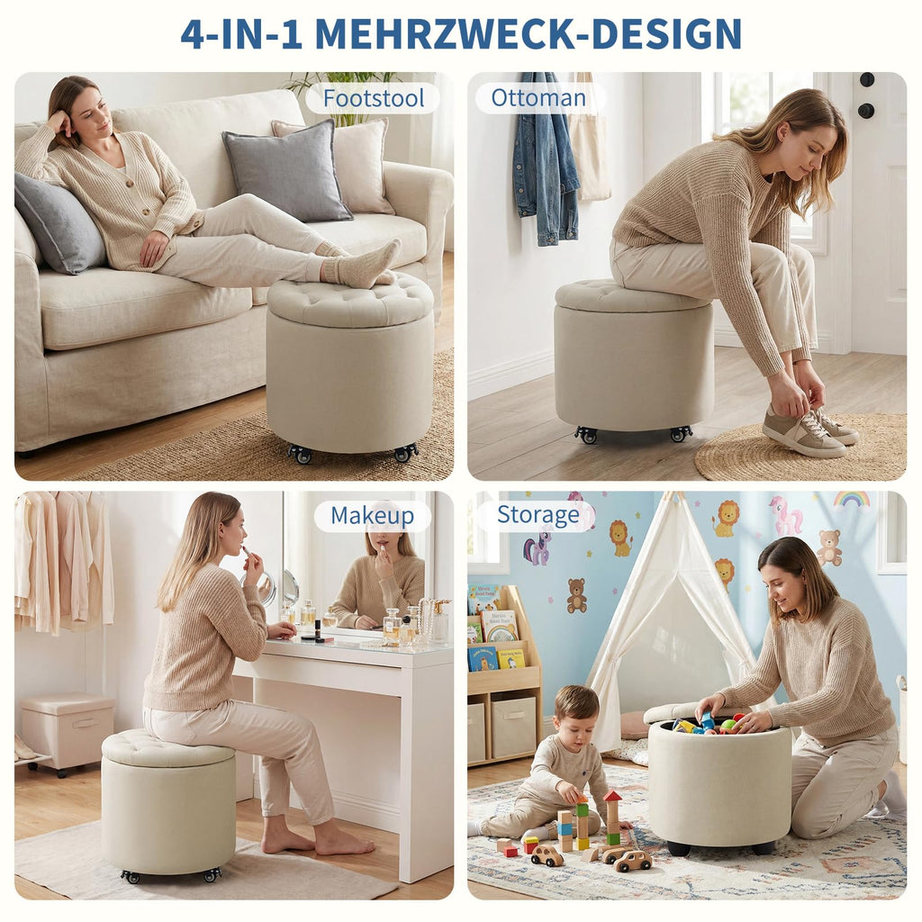 18.9 Inch Round Storage Ottoman with Wheels, Hidden Storage with Removable Lid, Stylish Button Tufted Design Ottoman