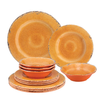 12 Piece Crackle Melamine Dinnerware Sets, Outdoor Dishes Set, Plates and Bowls Sets, Service for 4, Orange