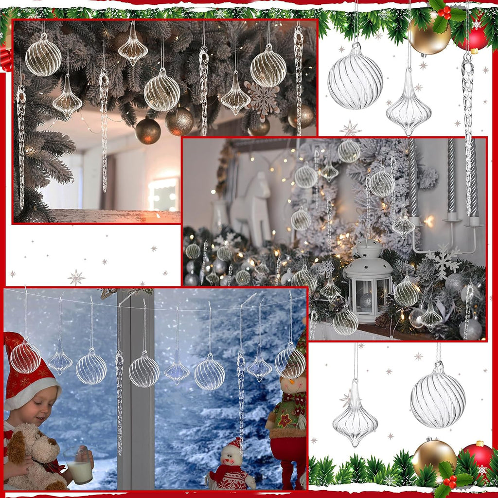 Clear Christmas Glass Ornaments Ball Icicle Drop Ornaments - Set of 18