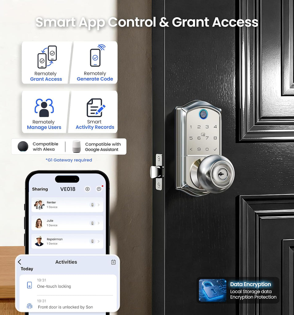 Fingerprint Keypad Smart Door Knob Handle Lock, Satin Nickel