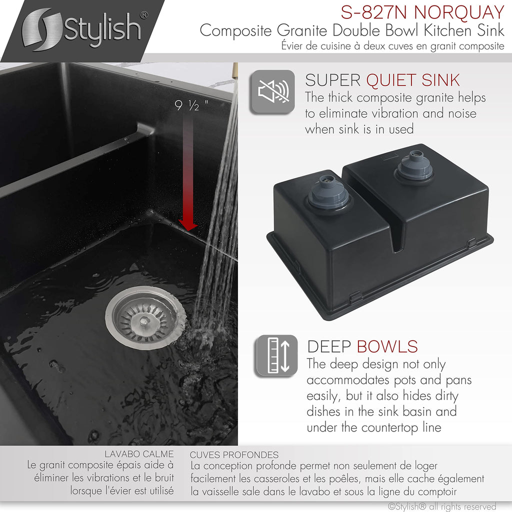 27.25 x 18.75 Inch Drop In or Undermount Kitchen Sink Double Bowl Workstation 9.5 Inches Deep Granite Composite