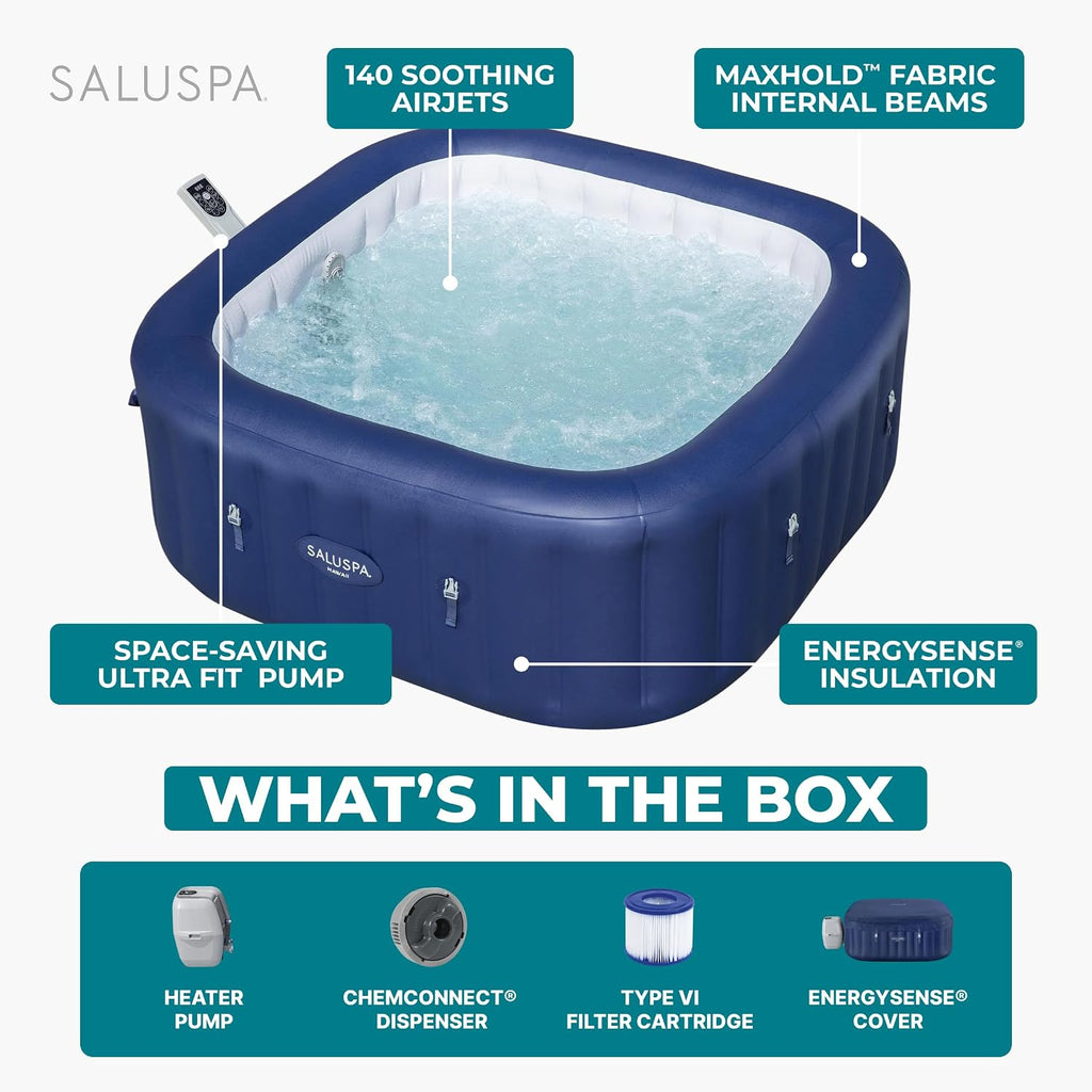 SaluSpa Hawaii 4 to 6 Person Inflatable Hot Tub, Square Energy-Efficient Portable Outdoor Spa with 140 AirJets, 71" x