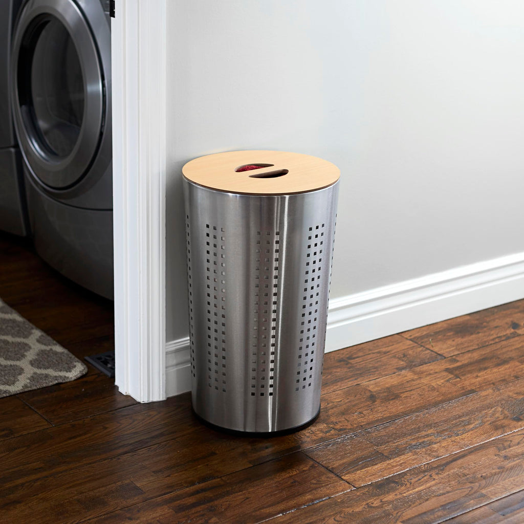 Round Metal Laundry Hamper with Engineered Wooden Lid, Removable Liner, and Ventilated Siding, Brushed Stainless