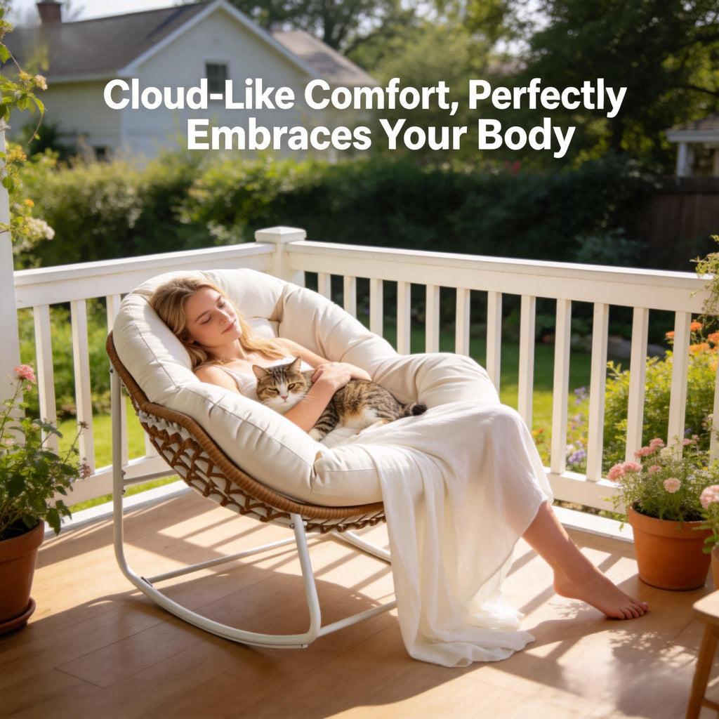 Oversized Outdoor Papasan Rocking Chair Set of 2 with Soft Cushion, Comfy Patio Egg Chair, Wicker Lounge Rocker for