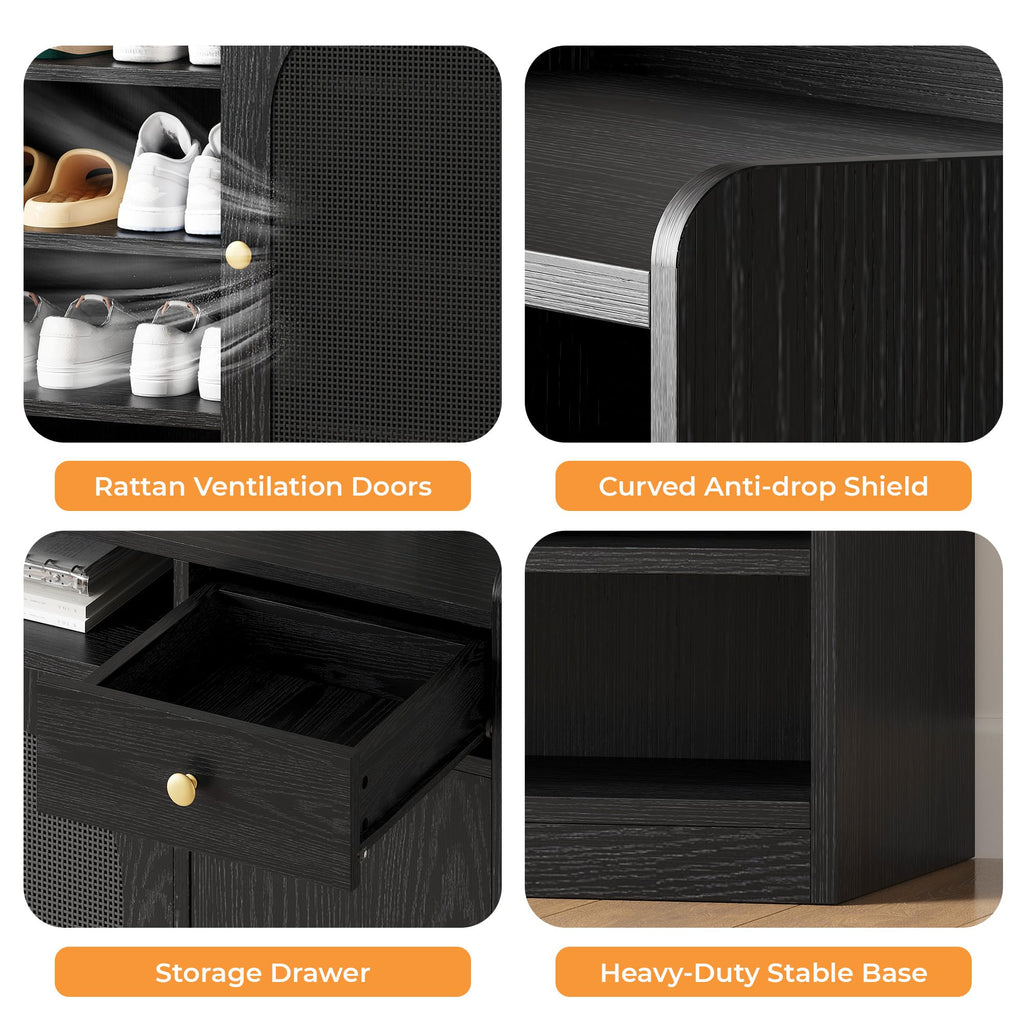Rattan Shoe Cabinet with 6-Tier Storage, 3 Doors & LED Light
