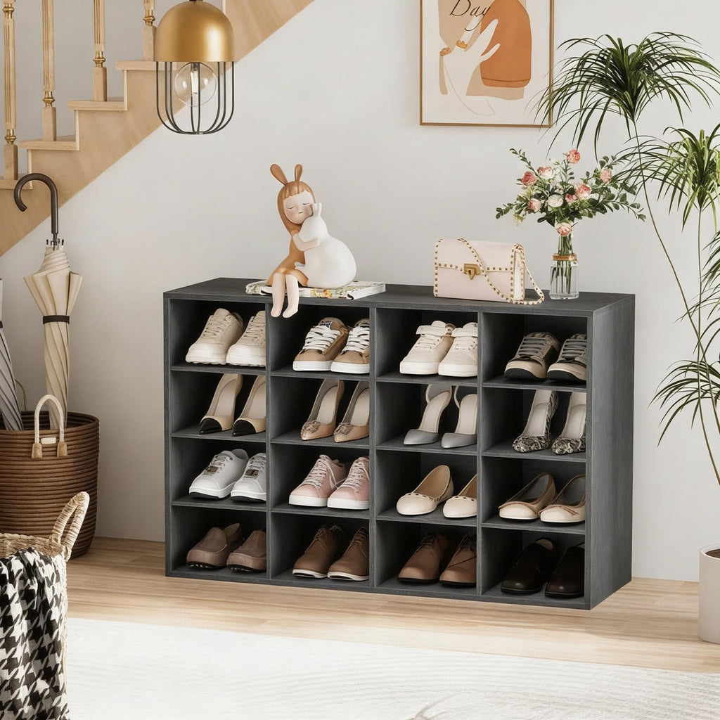 Shoe Storage Bench, Cubby Shoe Rack with 16 Cubbies, 4-Tier Wood Shoe Rack Organizer, Shoe Organizer Cabinet, Closet
