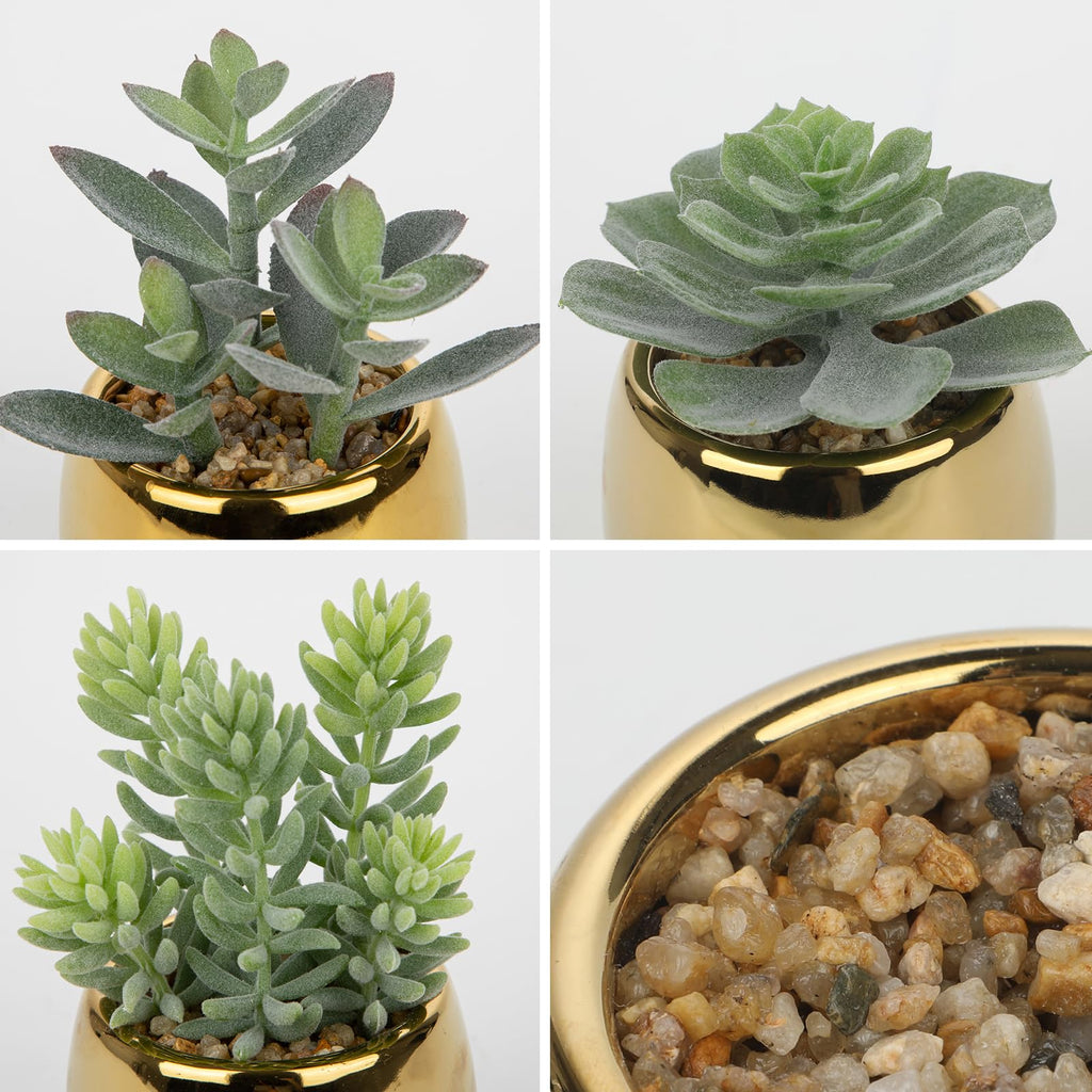 Small Artificial Succulents Potted Set of 3 Realistic Faux Succulents Plants with Gold Ceramic Pots Cute Mini Flocked