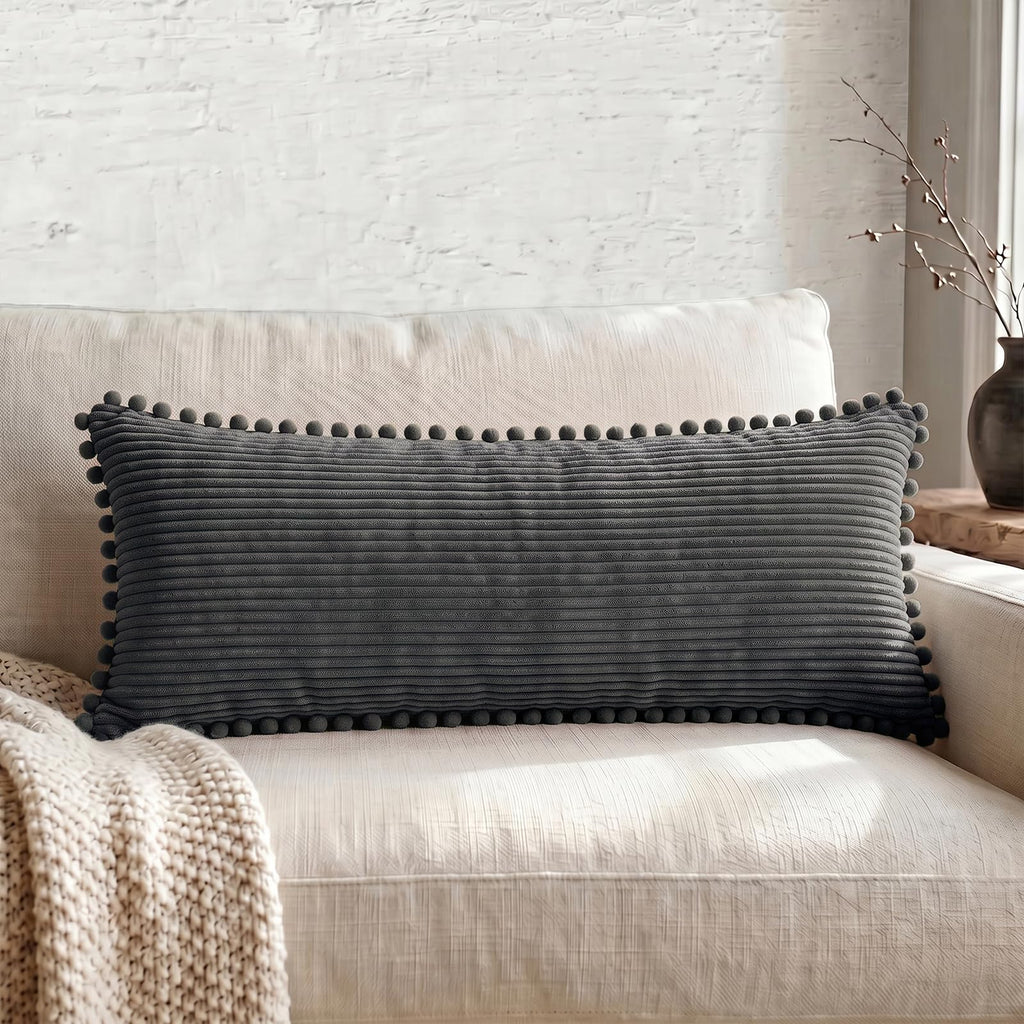 1 Pack Dark Gray Long Lumbar Body Decorative Throw Pillow Covers 20x54 Inch with Pom-poms for Couch Sofa, Farmhouse