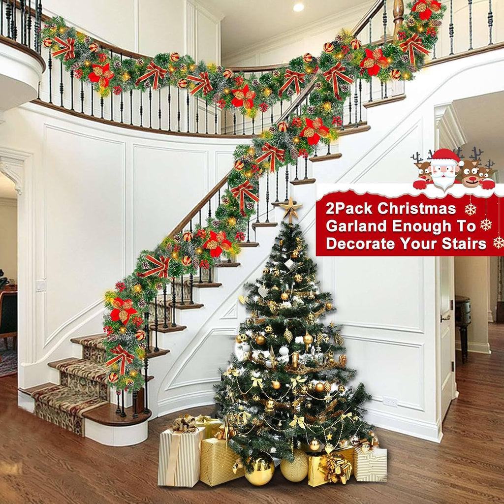 Total 18 Ft Long Prelit Christmas Garland 100 Warm White LED Lights 8 Modes Timer 270 Thick Branch Tips Pinecones Red