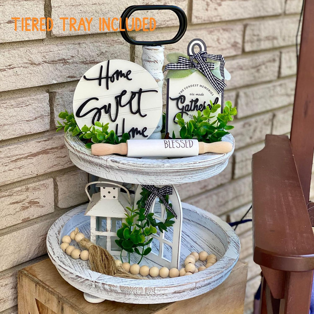 Farmhouse Tiered Tray with 1 Lantern Artificial Plant& Cutting Board Sign for Rustic Home Sweet Home - Set of 17