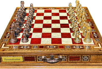 Handmade Luxury Chess Set - Metal Chess Pieces with Wooden Storage Board - Premium Classic Chess Game for Adults - Set of 34