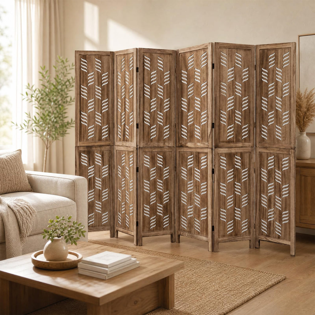 6 Panel Folding Room Divider, Wood Privacy Screen with Wave Cutout