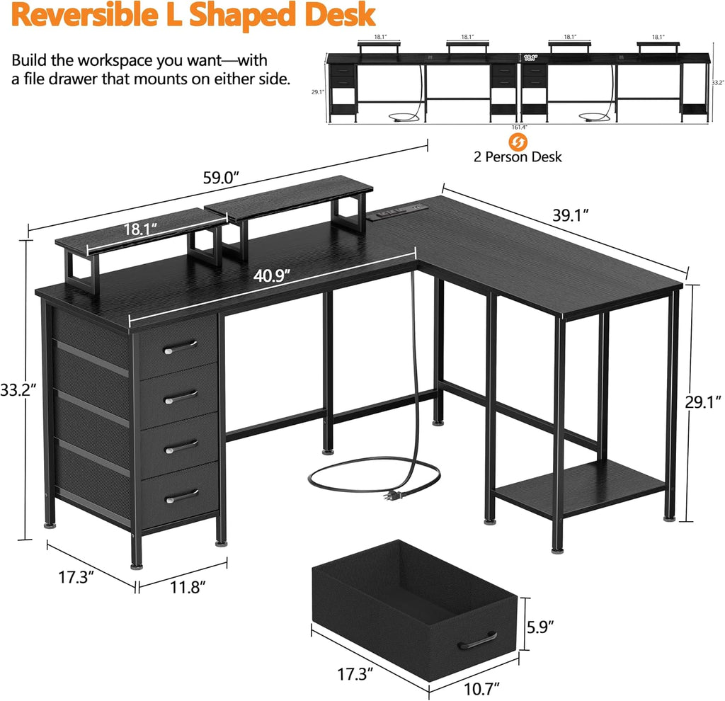 59 inch L Shaped Computer Desk with Power Outlets, Black | Ideal , Corner, 4 Adjustable Storage Drawers, 2 Monitor