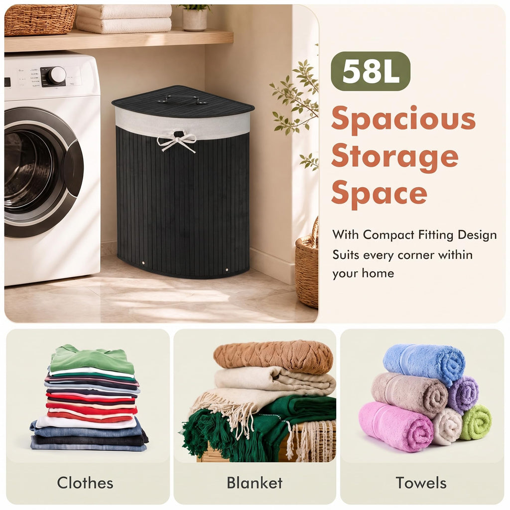 Corner Bamboo Laundry Hamper with Lid and Removable Liner, Washing Clothes Basket Storage Bin with Handle, Suitable