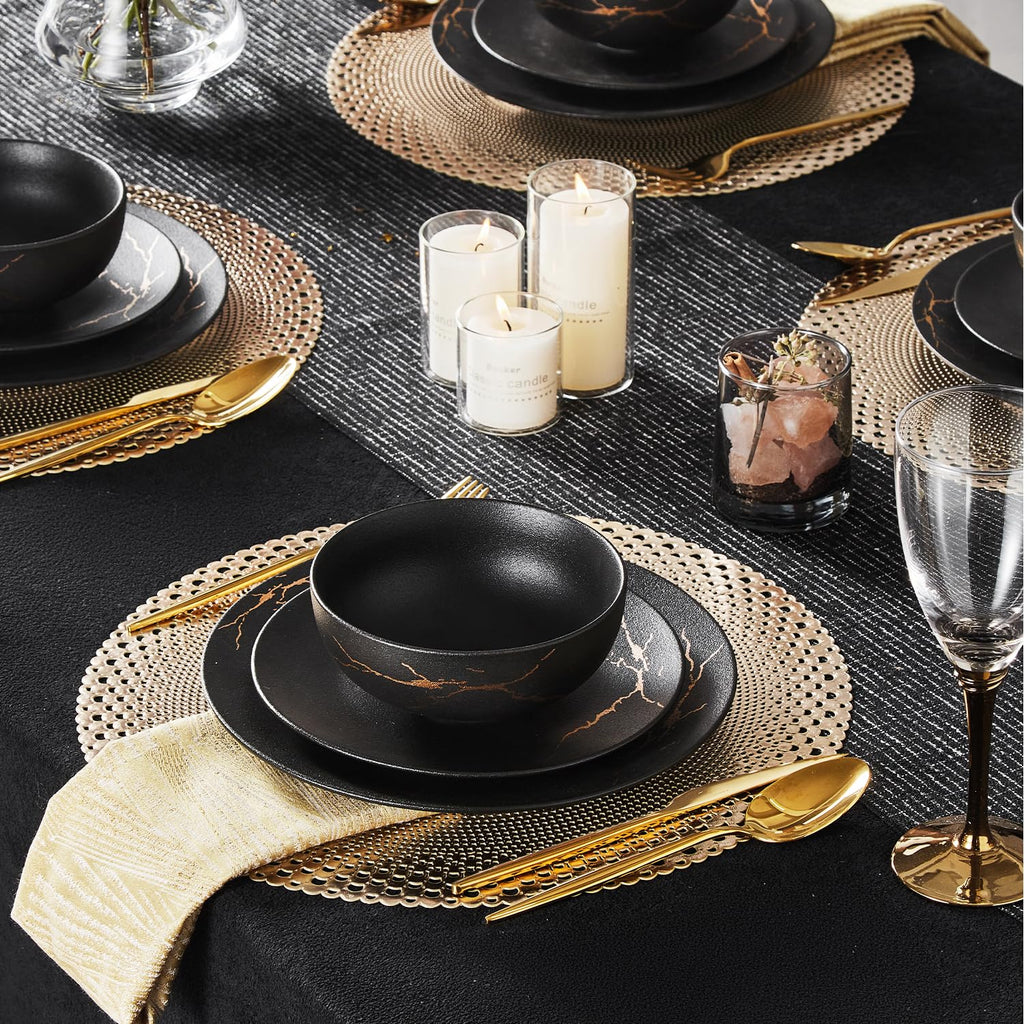24-Piece Matte Crackle Dinnerware Sets, Black and Gold