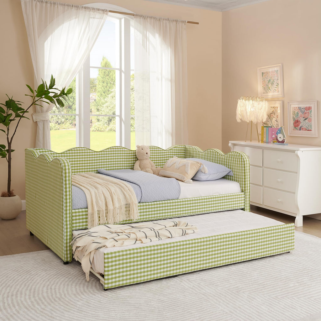 Twin Gingham Upholstered Daybed with Pop-Up Trundle and USB, Green