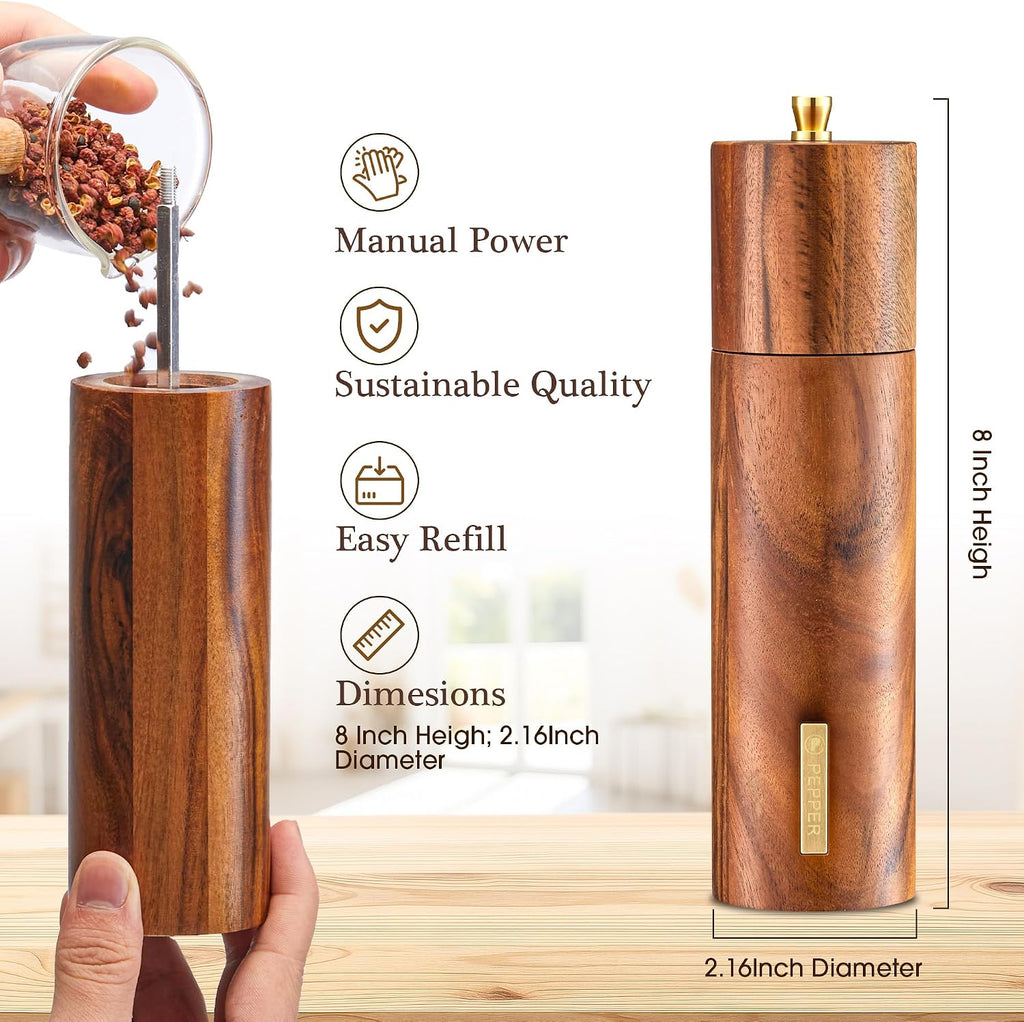 Acacia Wooden Salt and Pepper Grinder Set with Gold Label, Premium 8 Inches salt and pepper shakers, Manual - Set of 2