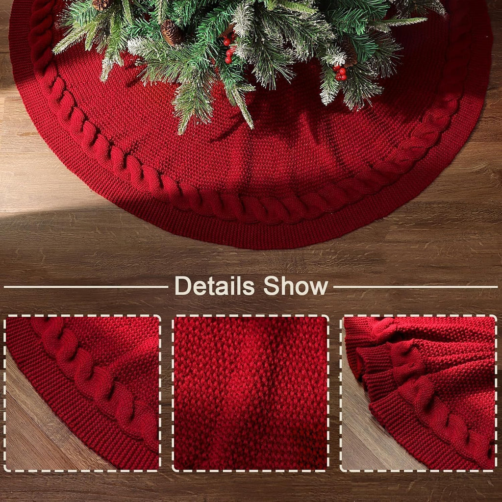 48 Inch Christmas Tree Skirt: Cable Knit Tree Skirt for 7.5FT Tree, Wine Red Tree Skirt, Vintage Tree Skirts, Rustic