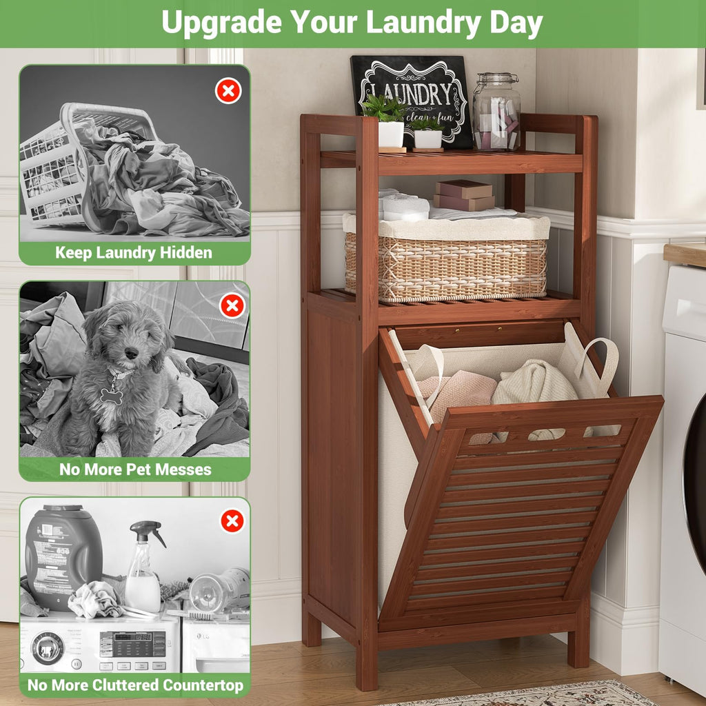 Bamboo Tilt Out Laundry Hamper Cabinet with Removable Bag, Walnut