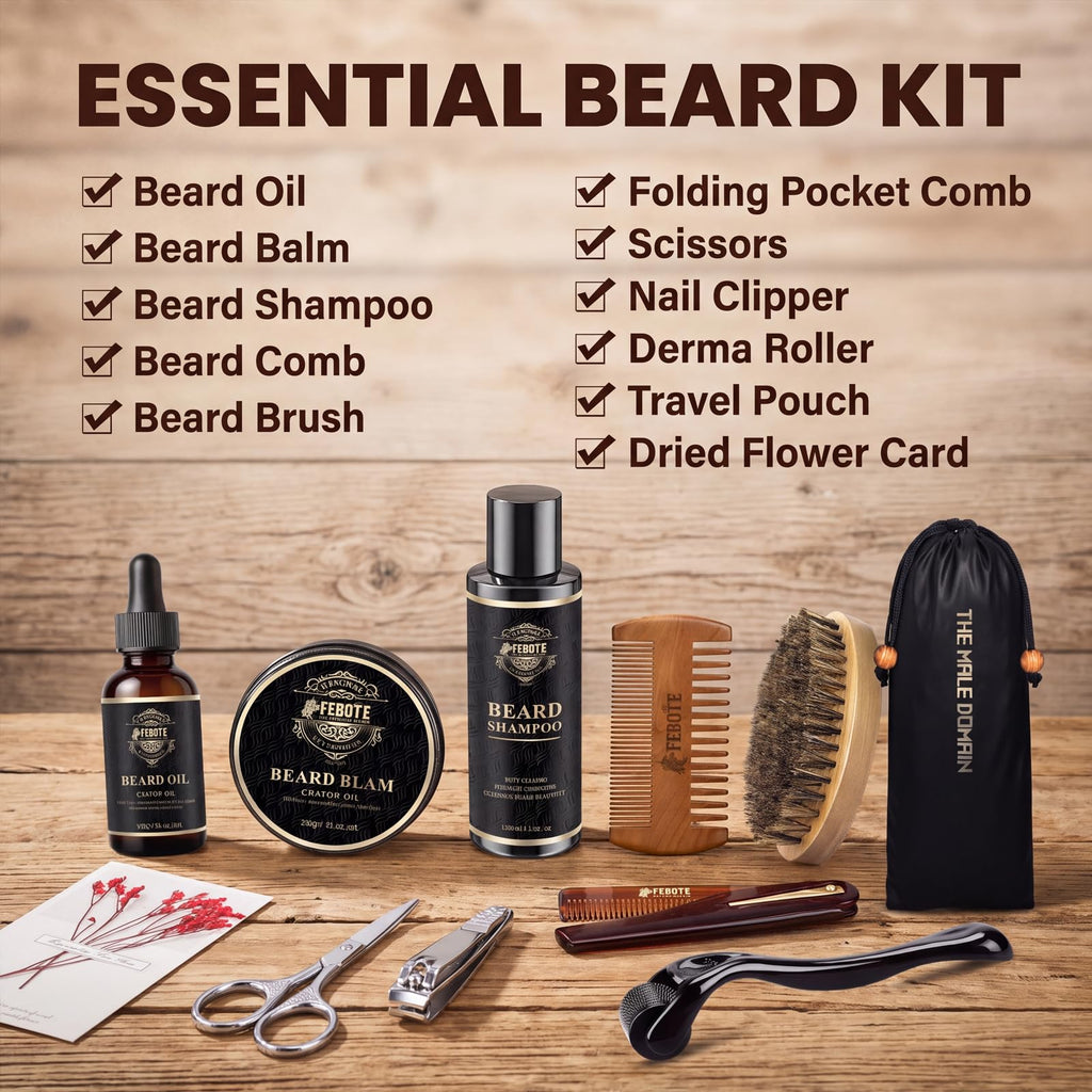 Beard Care Kit for Men - Premium Grooming & Care Set with Beard Wash, Oil, Balm, Brush, Massager Roller and Scissors