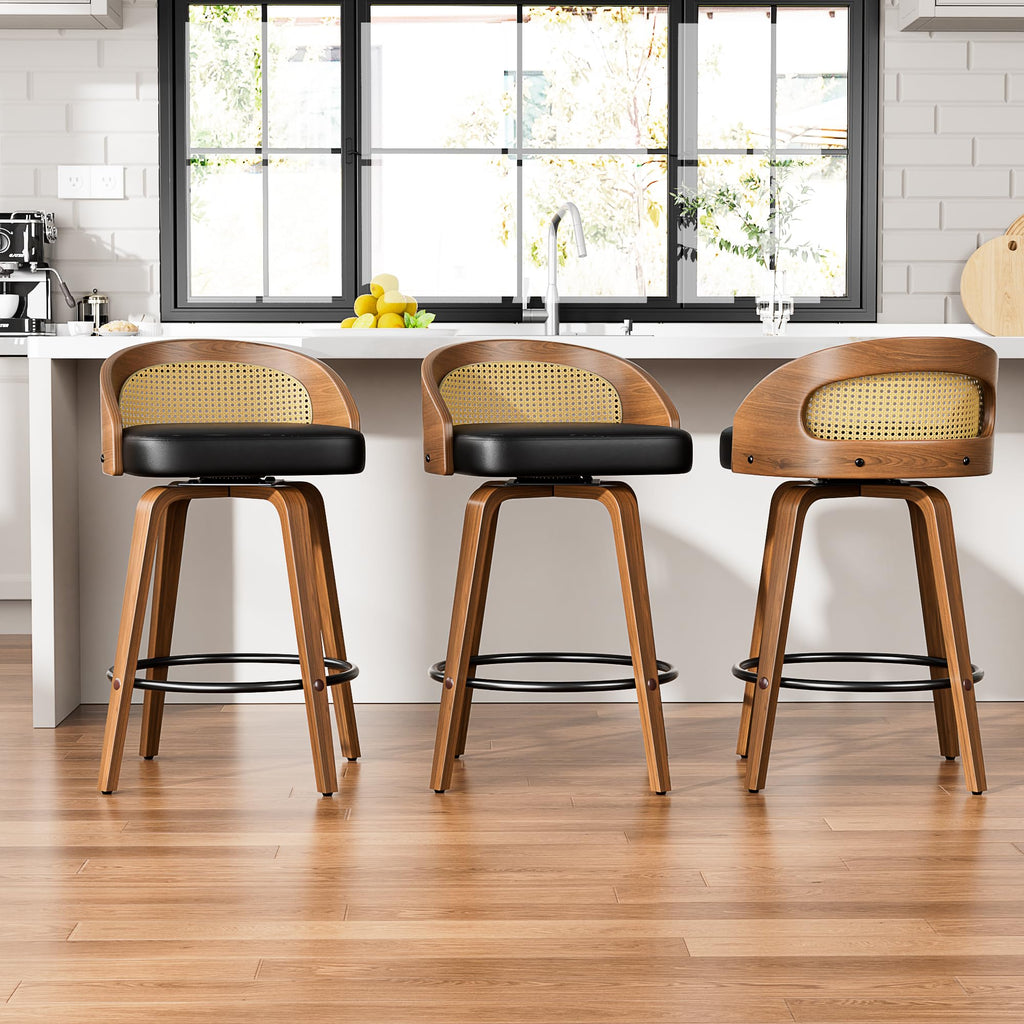 Bar Stools Set of 6, 26" Counter Height Stools with Rattan Back