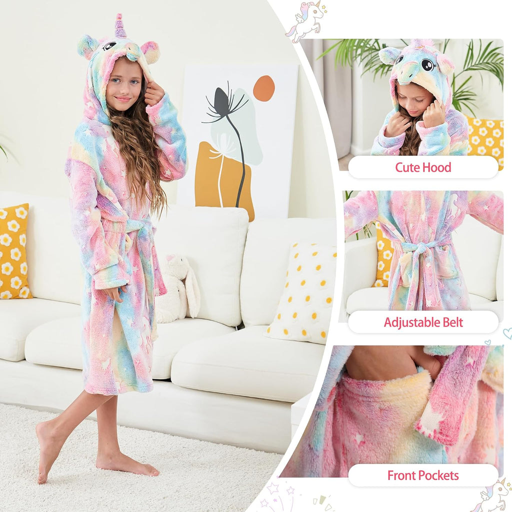 Girls Fleece Hooded Robes Soft Bathrobe for Kids - Glow in the Dark Unicorn Gifts for Girls