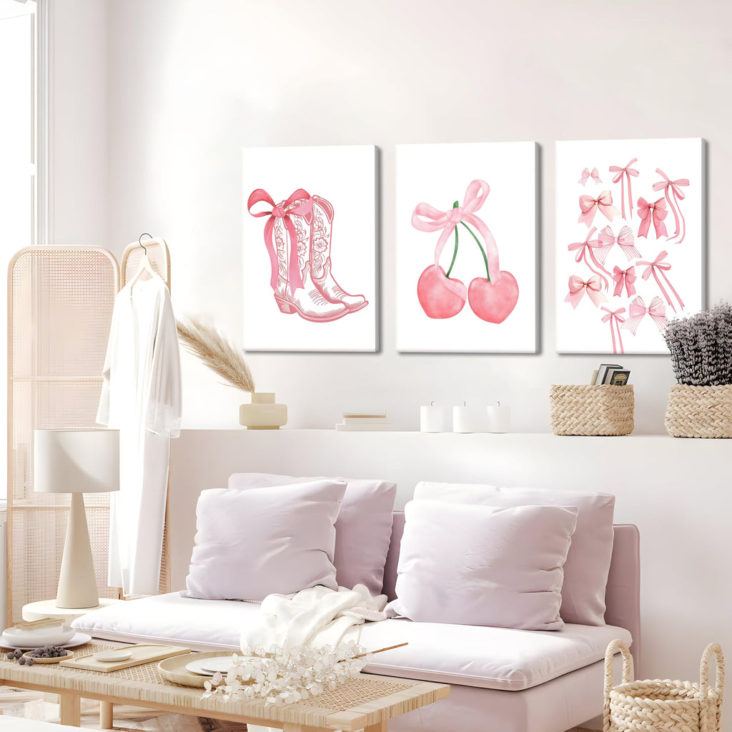 Fashion Pink Bows Wall Art Set of 3, Preppy Watercolor Cherry Cowboy Boots Wall Decor Posters, Cute Aesthetic Room