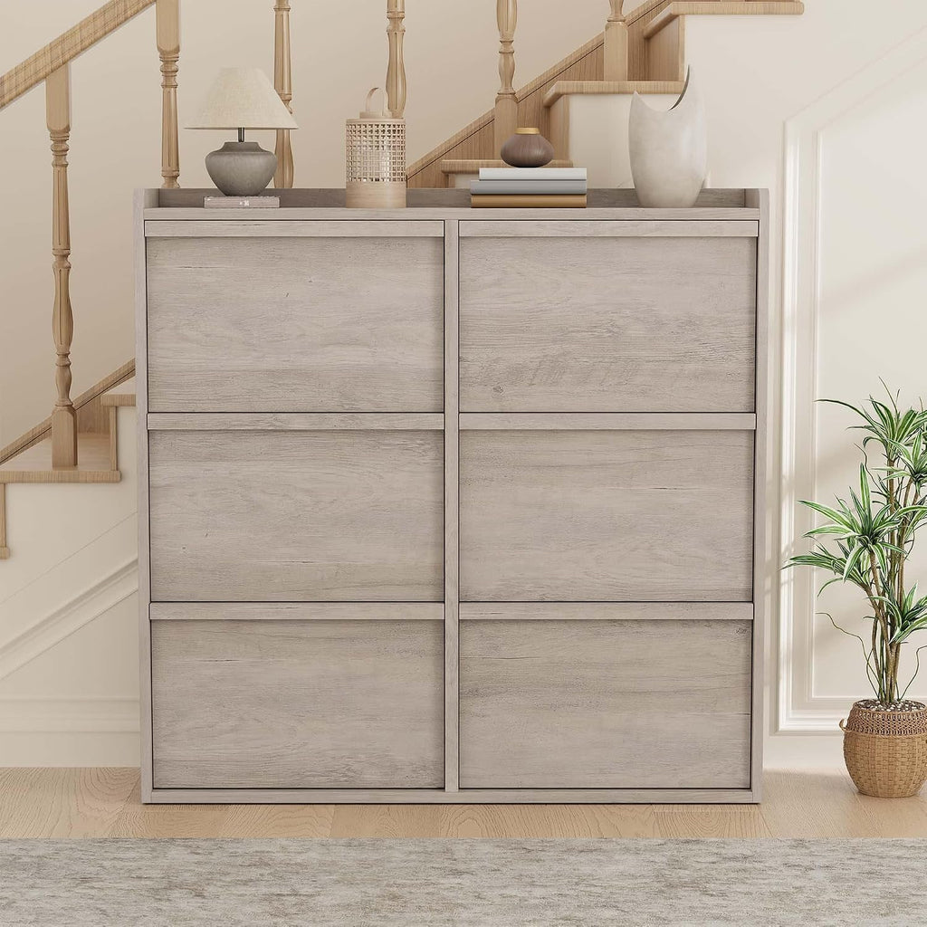 Shoe Cabinet, 6 Flip Drawers, Narrow Freestanding Shoe Organizer with Adjustable and Removable Shelves, Modern Wooden