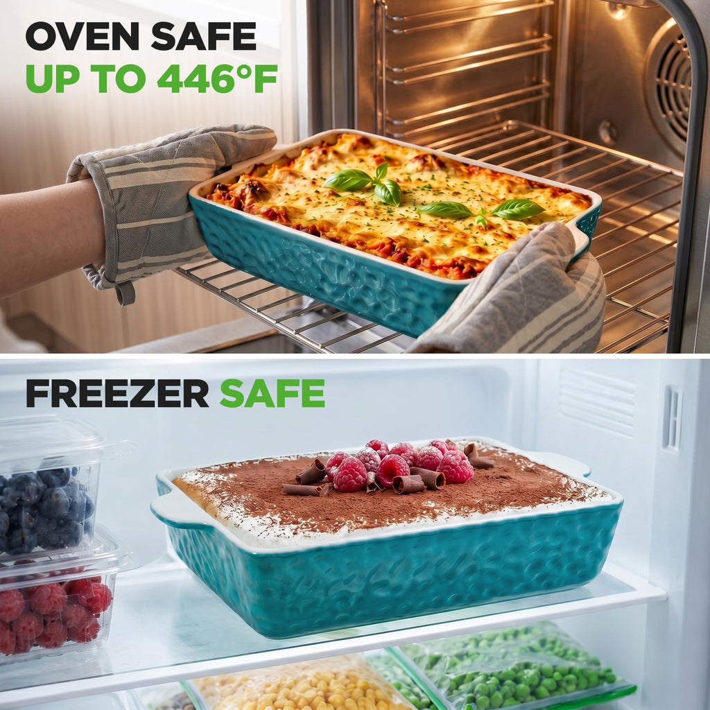 3-pc Casserole Dish Set for Oven, Ceramic Lasagna Baking Dishes, Deep Serving Dish with Handles - Aqua, (14.7"